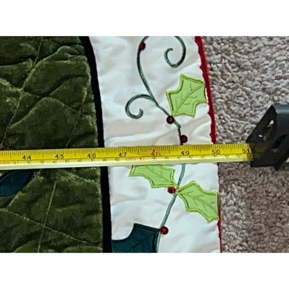 50" Poinsettia Velvet Sateen Pierced Quilted Embroidered Christmas Tree Skirt - Picture 10 of 12